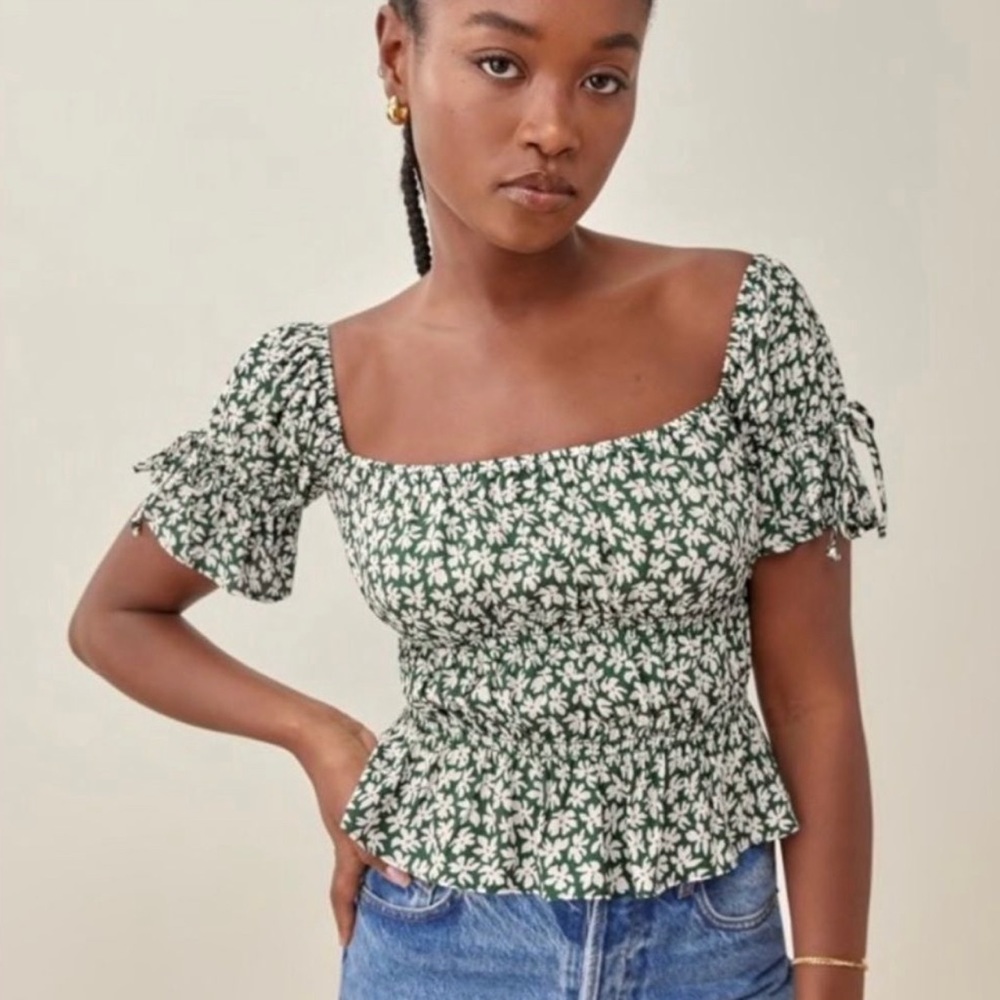 Reformation Green White Floral Square-Neck Crop Top